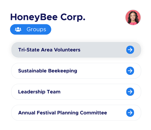 Illustration of a Community of Practice titled "HoneyBee Corp." with lists of Group names below it