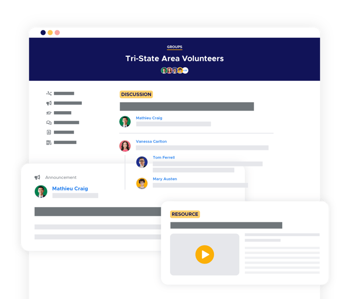 Illustration of a Groups dashboard with resources, announcements and discussions.