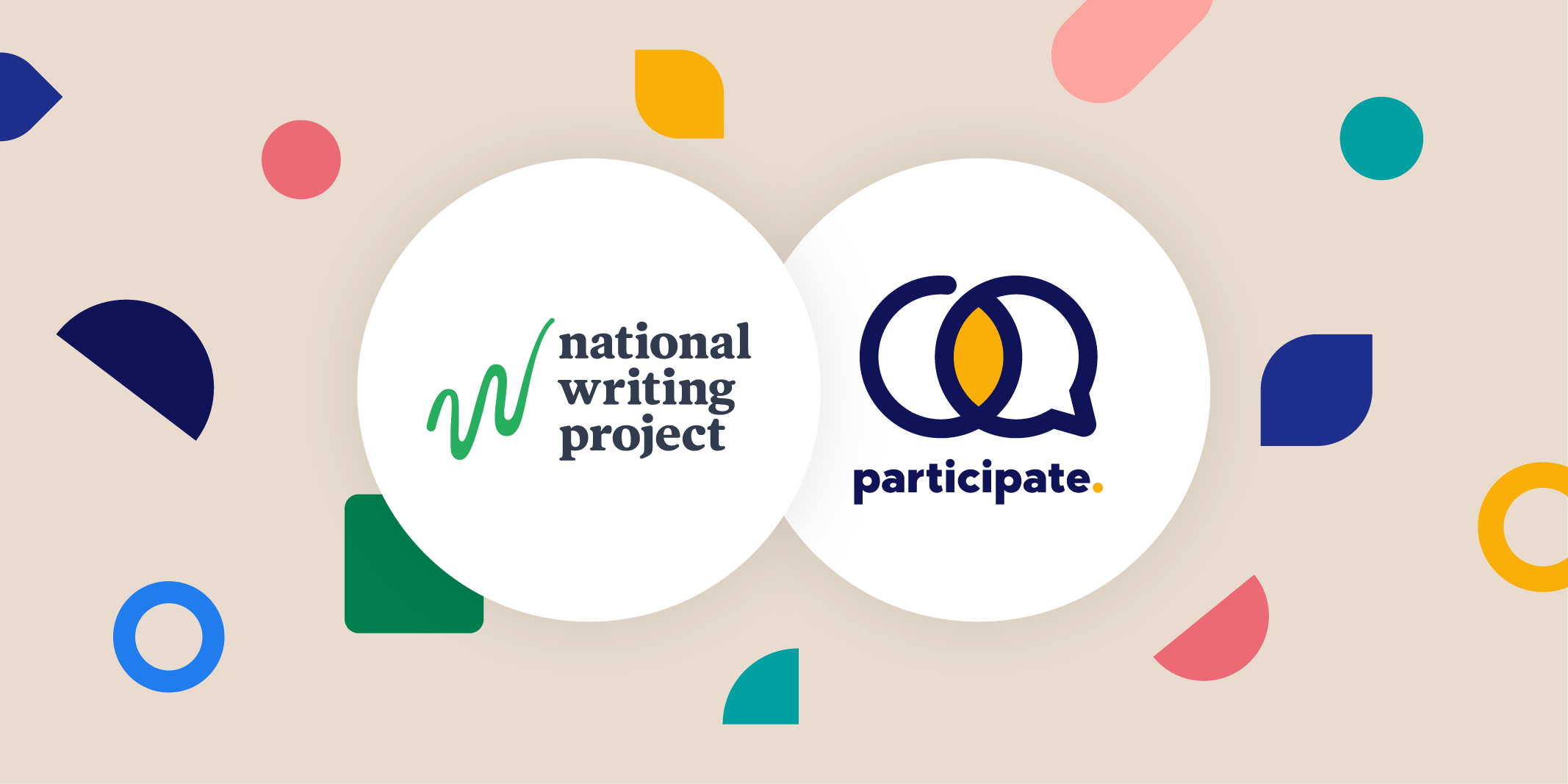 The National Writing Project logo beside the Participate logo surrounded by shapes