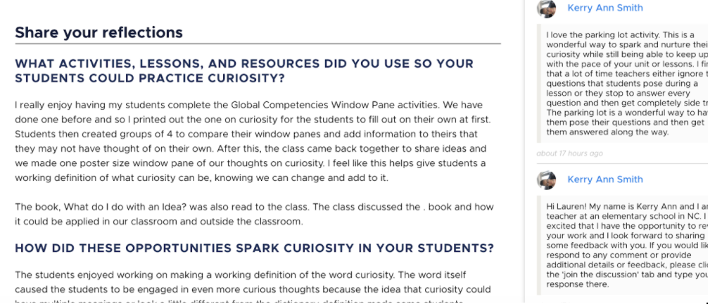Screen showing reflections and conversations about evidences of learning and feedback