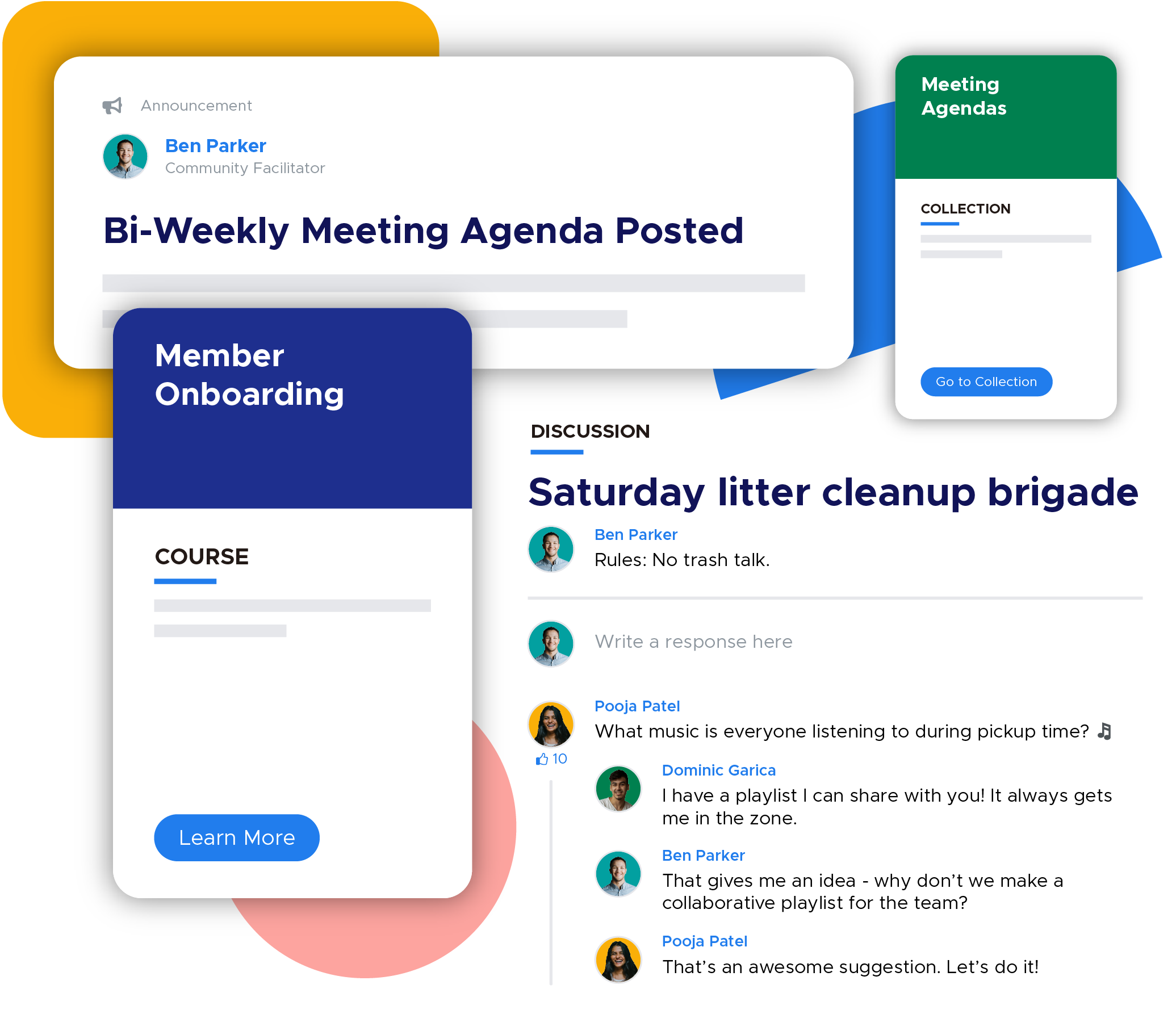 A collage of an announcement post about sharing the bi-weekly meeting agenda, a collection resource holding the meeting agenda documents, a member onboarding course card and a discussion with members about Saturday litter cleanup.